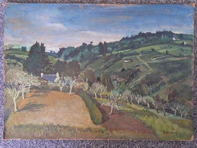 un tableau représentant un paysage avec des arbres sur une colline