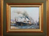 a picture of a painting of a steam ship in the water