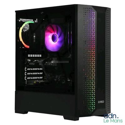 the computer case is black and has a colorful fan on top of it