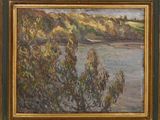 l'image d'une peinture représentant une rivière avec des arbres au premier plan