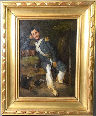 tableau représentant un homme en uniforme militaire adossé à un mur