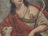 an old painting of a man with a goat and a cross