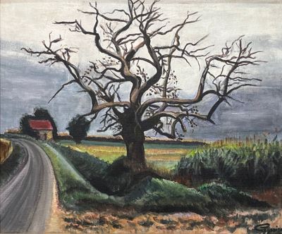 une peinture à l'huile représentant un arbre dénudé sur une route de campagne, avec une grange au loin