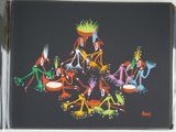 painting of a group of people sitting on a table with pots and spoons