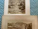 two old black and white photos of a mountain and a river