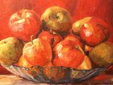 a painting of apples in a bowl on a table