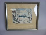 tableau représentant un paysage enneigé avec une maison au loin