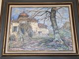 tableau représentant une maison dans un champ, avec un arbre au premier plan