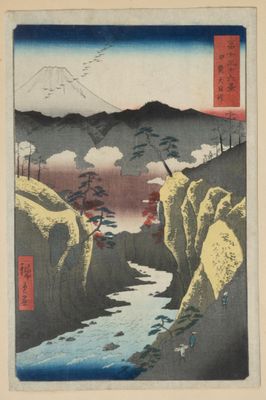 une image représentant un tableau représentant un paysage de montagne, avec une rivière au premier plan et des montagnes à l'arrière-plan