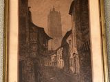tableau représentant une scène de rue avec une tour horloge en arrière-plan