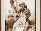 painting of a man sitting on a rock holding a stick
