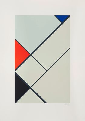 une peinture abstraite composée de carrés et de rectangles rouges, blancs, bleus et noirs