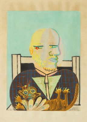painting of a man sitting in a chair with a cat in his lap