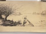 un dessin représentant une femme dans un bateau sur l'eau