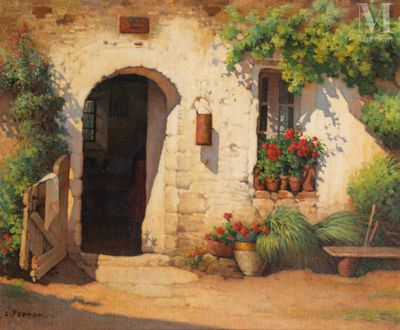 painting of an old house with potted plants and a wooden door