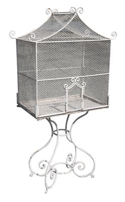Cage à oiseaux et son piètement en métal relaqué blanc (oxyd…
