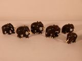 five elephants that are standing in a row on a white surface