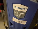 a blue trash can with a sticker on the side of it