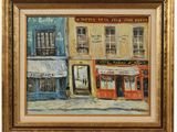 an oil painting of a city street scene with buildings and shops