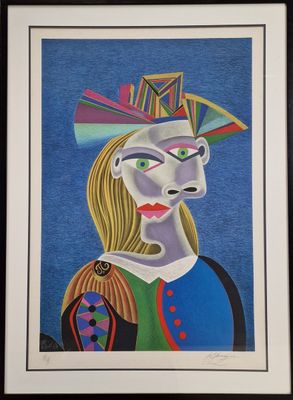 a painting of a woman with a hat on her head