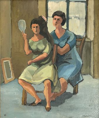 a painting of a woman combing another woman ' s hair