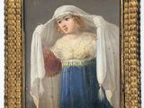 un vieux tableau représentant une femme en robe bleue tenant un éventail