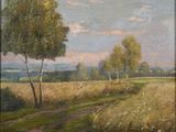 une peinture à l'huile représentant un champ avec des arbres et un chemin de terre