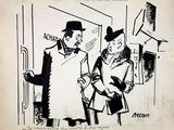 drawing of a man and a woman standing in front of a door