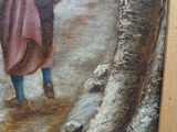 a painting of a woman walking in the snow with an umbrella