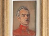 une peinture à l'huile représentant un homme en uniforme rouge, dans un cadre doré