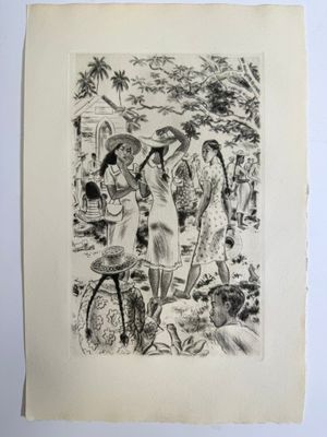 un dessin en noir et blanc représentant un groupe de personnes sur une plage