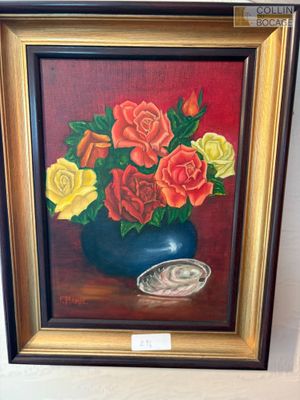 Amel, bouquet de roses et huîtres, huile sur toile signée en…