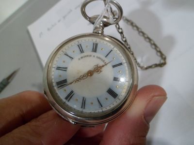 une personne tenant une montre de poche en argent ornée de chiffres romains