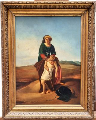 a painting of a woman carrying a child on her back