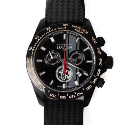 the watch is black with a red second hand and a red second hand