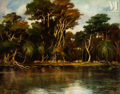 painting of a painting of a river with trees in the foreground
