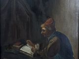 painting of a man sitting at a table reading a book