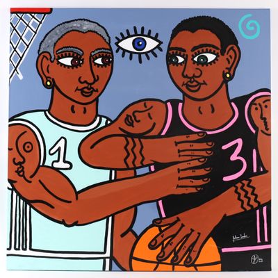 une image représentant un tableau sur lequel figurent deux hommes tenant un ballon de basket