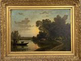 tableau représentant un paysage fluvial avec un bateau au premier plan