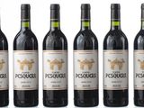 five bottles of red wine are lined up in a row