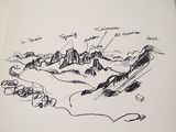 drawing of a book with a picture of a mountain range in the background