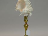 a gold candle holder with a white shell on top of it