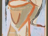 peinture abstraite représentant un vase et une tasse, dans un cadre marron