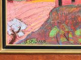 an image of a painting of a red house on a hill