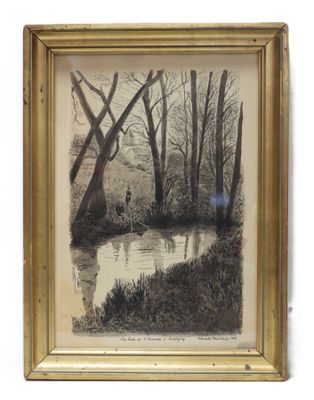 an image of a picture of a painting of a river in a forest