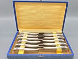 six knives in a blue case with yellow handles