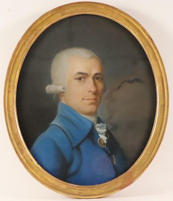portrait of a man in a blue coat and white hair in a gold frame