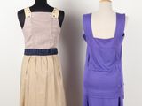 purple and tan dress on a mannequin stand next to each other