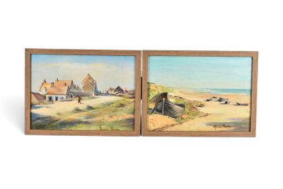 deux tableaux représentant une scène de plage avec un bateau et des maisons
