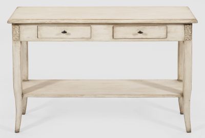 a white table with two drawers and a shelf underneath it